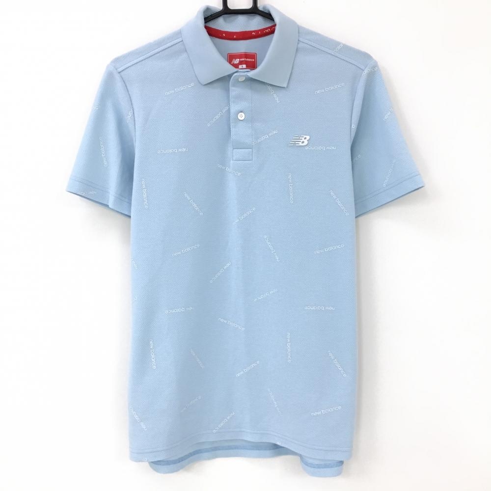 【美品】ニューバランス 半袖ポロシャツ ライトブルー×白 ロゴ総柄  メンズ 5 ゴルフウェア New Balance