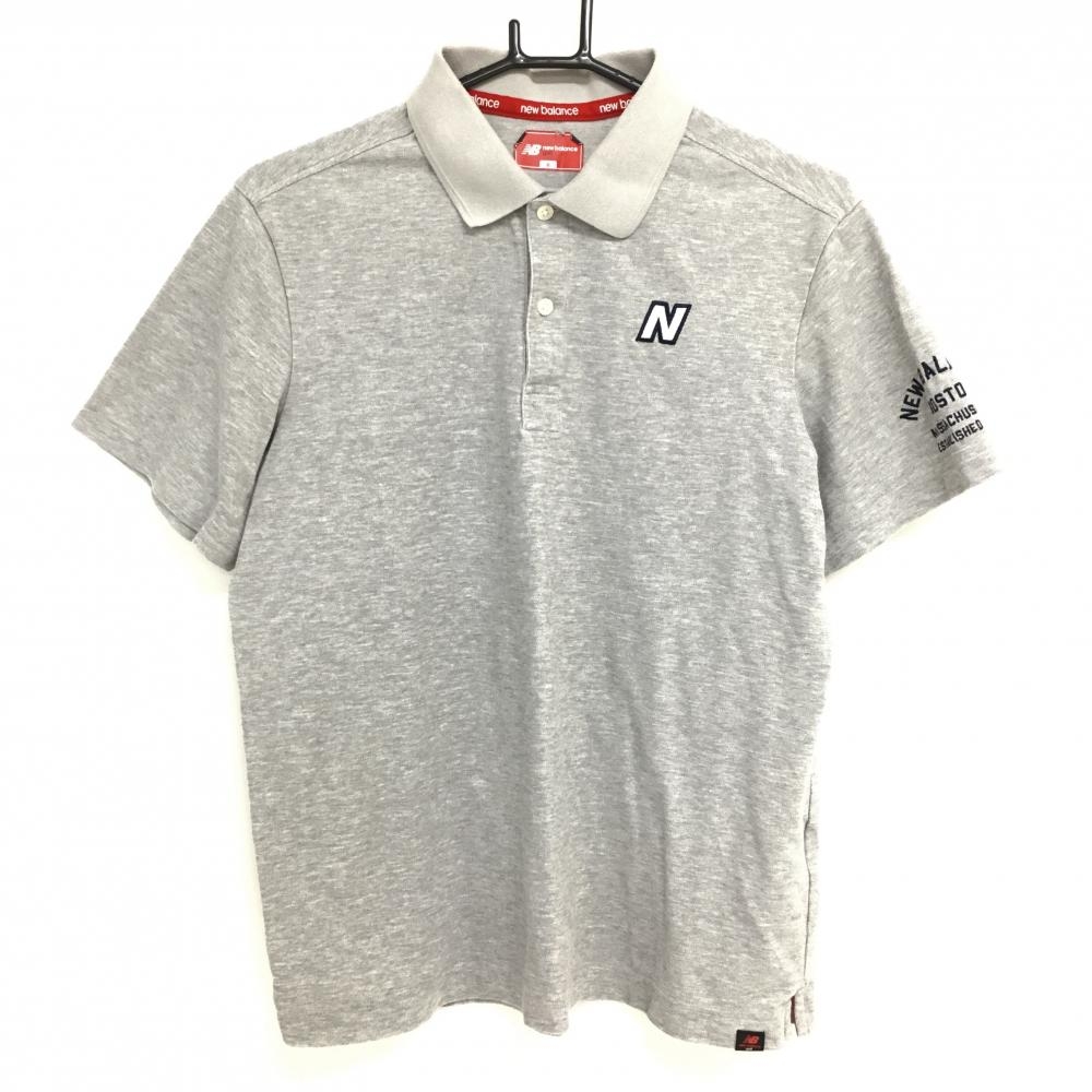 【美品】ニューバランス 半袖ポロシャツ グレー×ネイビー ロゴ刺しゅう メンズ 6(XL) ゴルフウェア New Balance