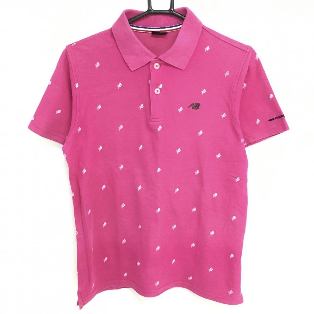ニューバランス 半袖ポロシャツ ピンク×白 ロゴ総柄  メンズ M ゴルフウェア New Balance