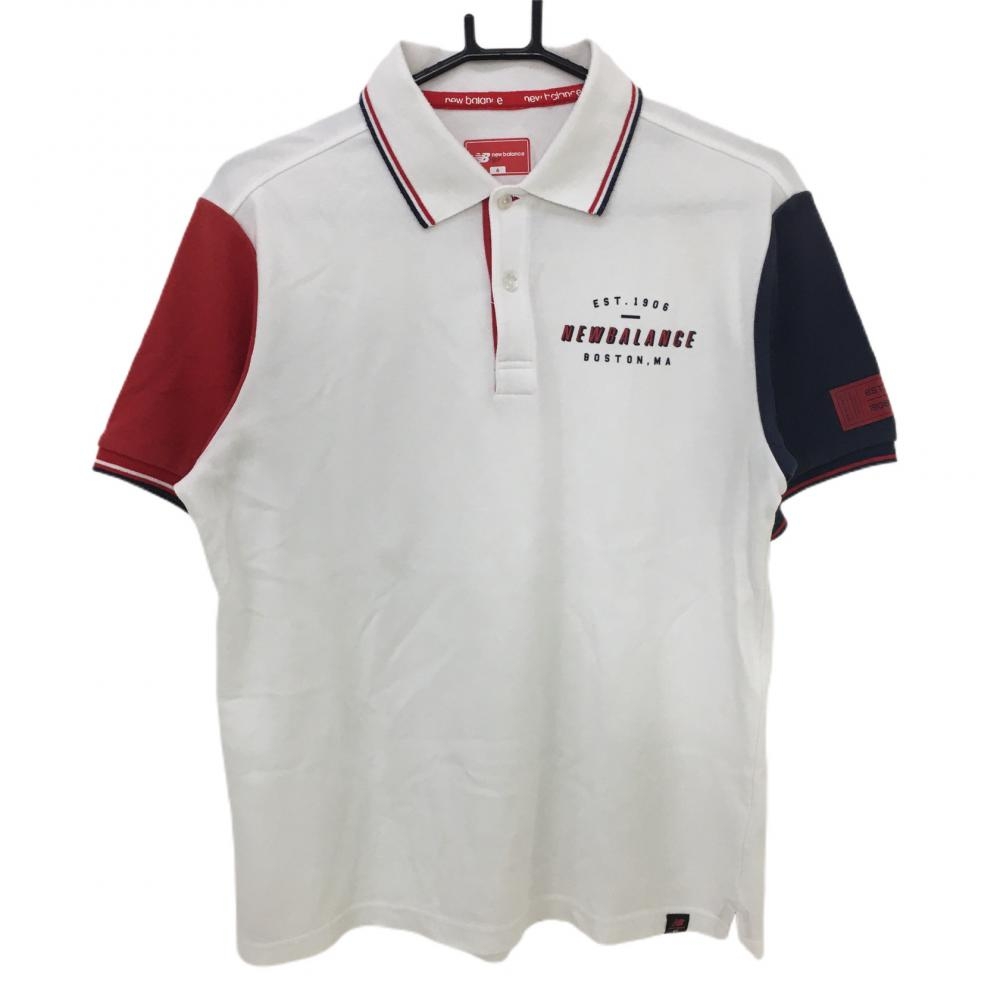 ニューバランス 半袖ポロシャツ 白×レッド×ネイビー ロゴプリント メンズ 6(XL) ゴルフウェア New Balance