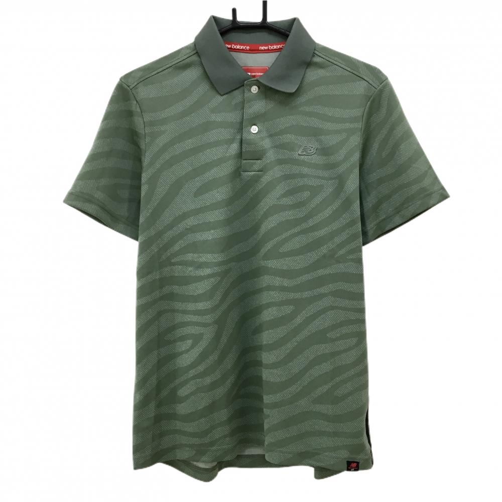 【超美品】ニューバランス 半袖ポロシャツ カーキ 地模様 胸元ロゴ  メンズ 5(L) ゴルフウェア New Balance