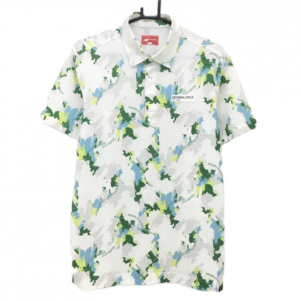 【美品】ニューバランスゴルフ 半袖ポロシャツ 白×グリーン 総柄 メンズ 6(XL) ゴルフウェア New Balance