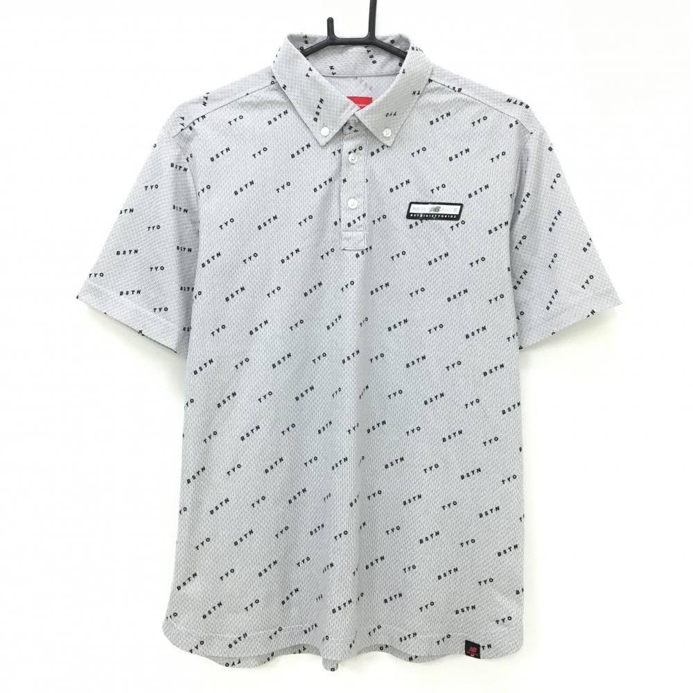 【美品】ニューバランスゴルフ 半袖ポロシャツ ライトグレー×黒 英字総柄 メンズ 6(XL) ゴルフウェア New Balance
