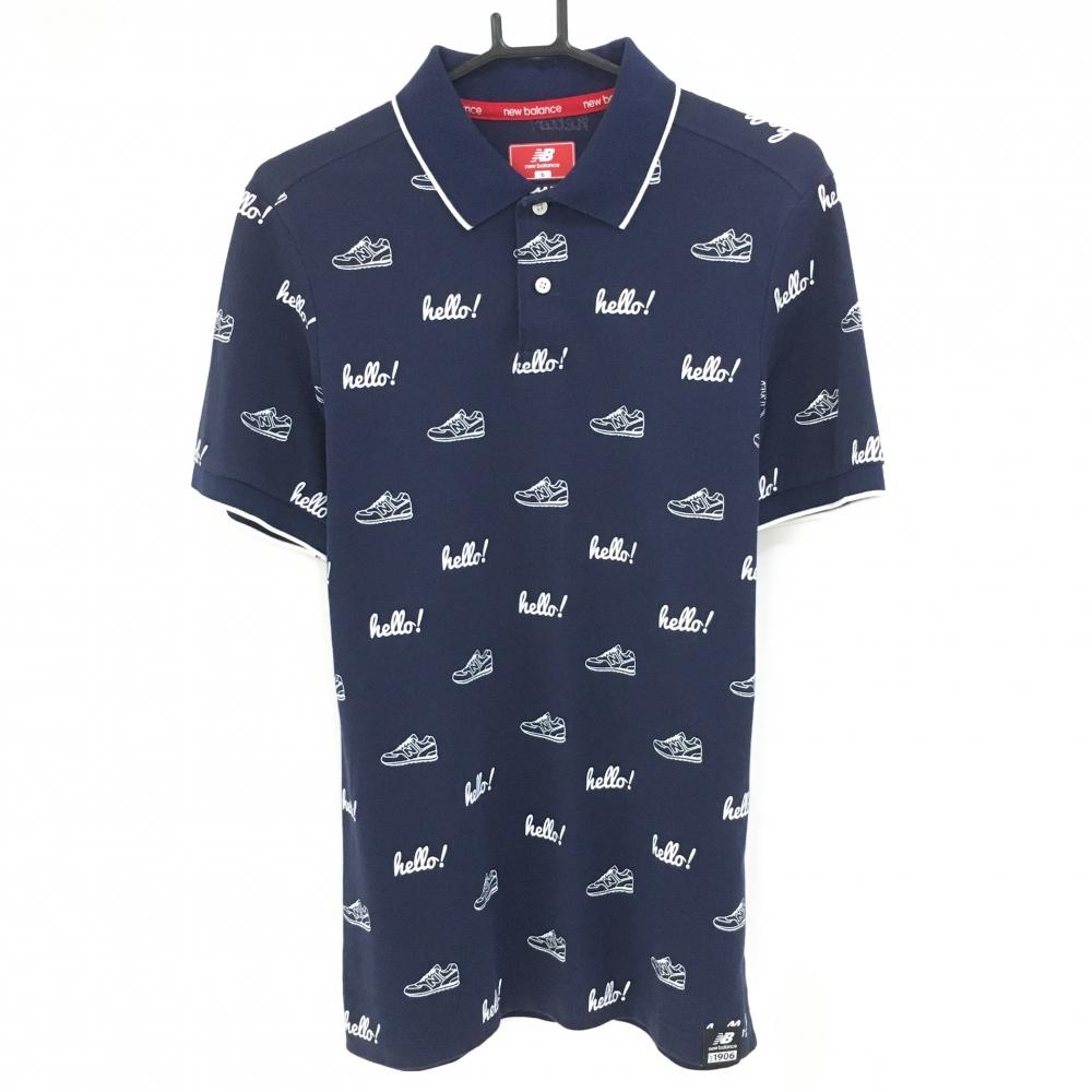 ニューバランスゴルフ 半袖ポロシャツ ネイビー×白 スニーカー総柄  メンズ 6(XL) ゴルフウェア New Balance