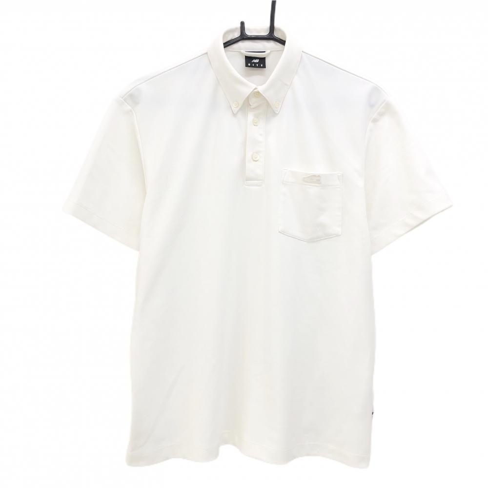 【美品】ニューバランス 半袖ポロシャツ 白 胸元シューズワッペン ボタンダウン メンズ M ゴルフウェア New Balance