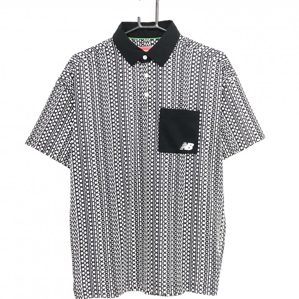 【美品】ニューバランスゴルフ 半袖ポロシャツ 黒×白 ロゴ総柄 メンズ 4(M) ゴルフウェア 2024年モデル New Balance