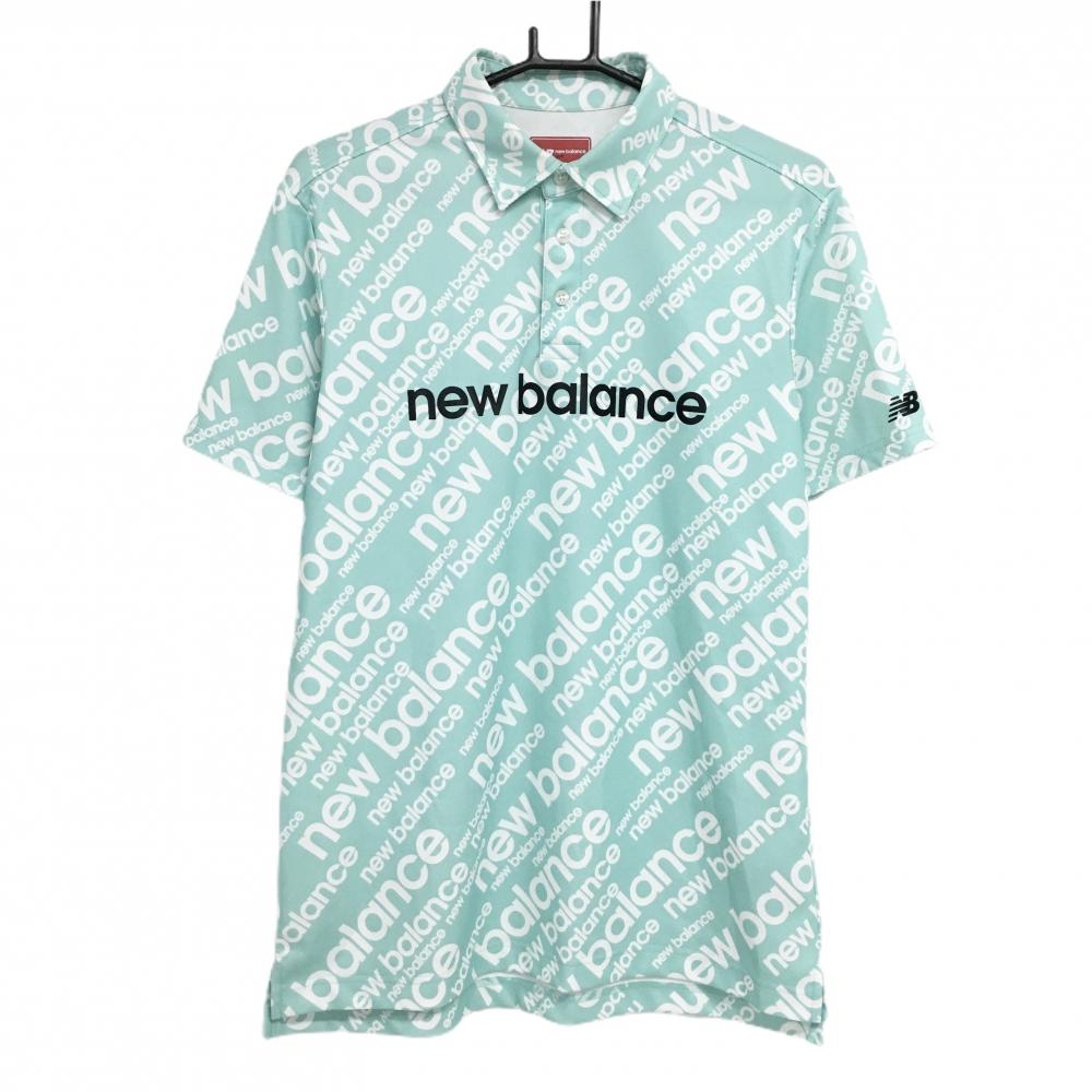 【美品】ニューバランスゴルフ 半袖ポロシャツ ライトグリーン×白 ロゴ総柄  メンズ 5(L) ゴルフウェア 2023年モデル New Balance