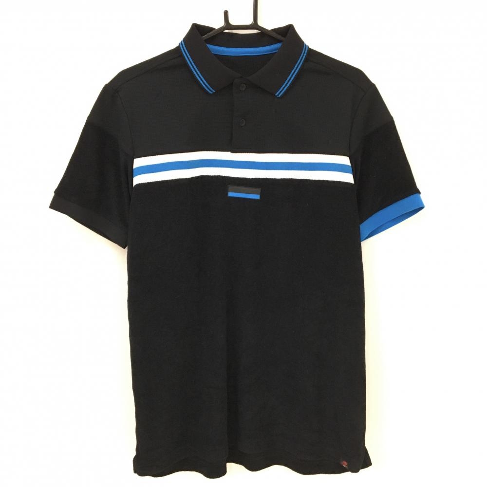 【美品】ニューバランスゴルフ 半袖ポロシャツ 黒×ライトブルー 一部パイル地 メンズ 7(XXL) ゴルフウェア New Balance