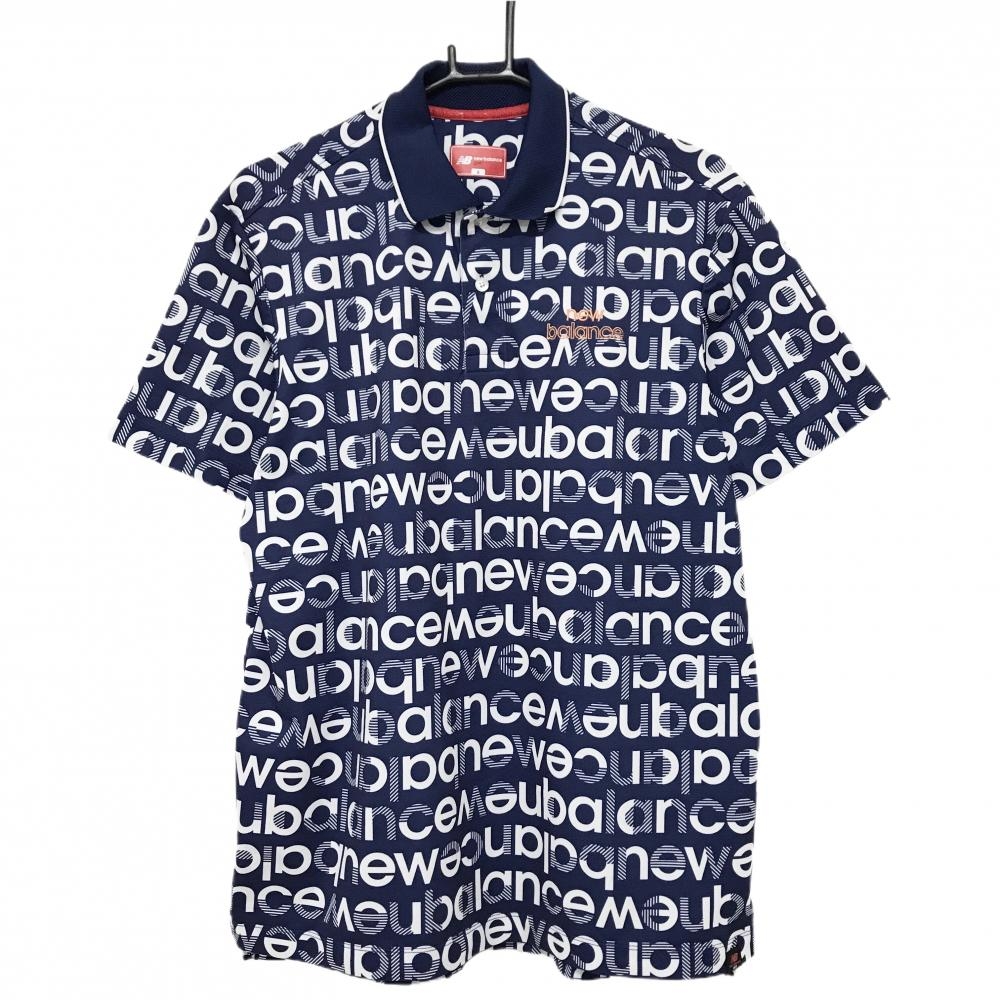 【超美品】ニューバランスゴルフ 半袖ポロシャツ ネイビー×白 ロゴ総柄  メンズ 6(XL) ゴルフウェア New Balance