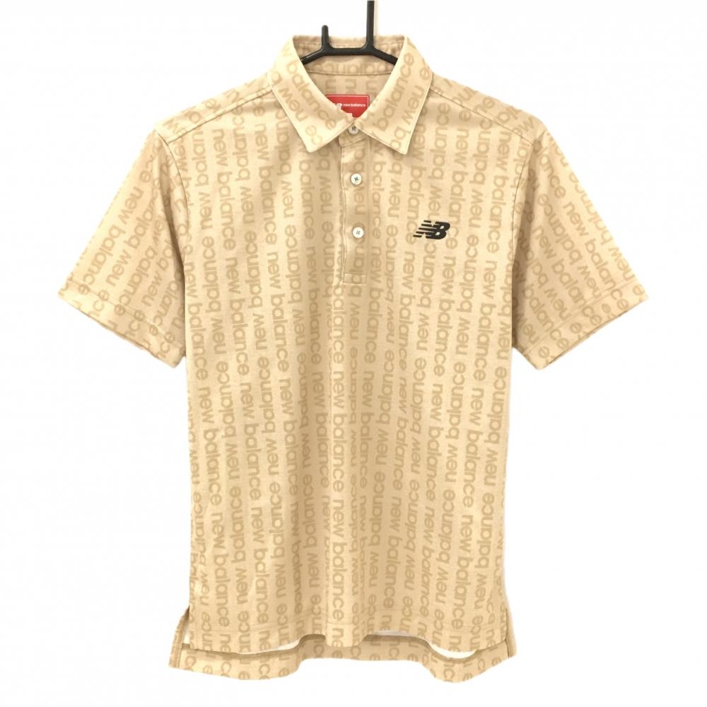 【超美品】ニューバランスゴルフ 半袖ポロシャツ ベージュ系 英字ロゴ総柄 胸ロゴ メンズ 3(S) ゴルフウェア 2025年モデル New Balance