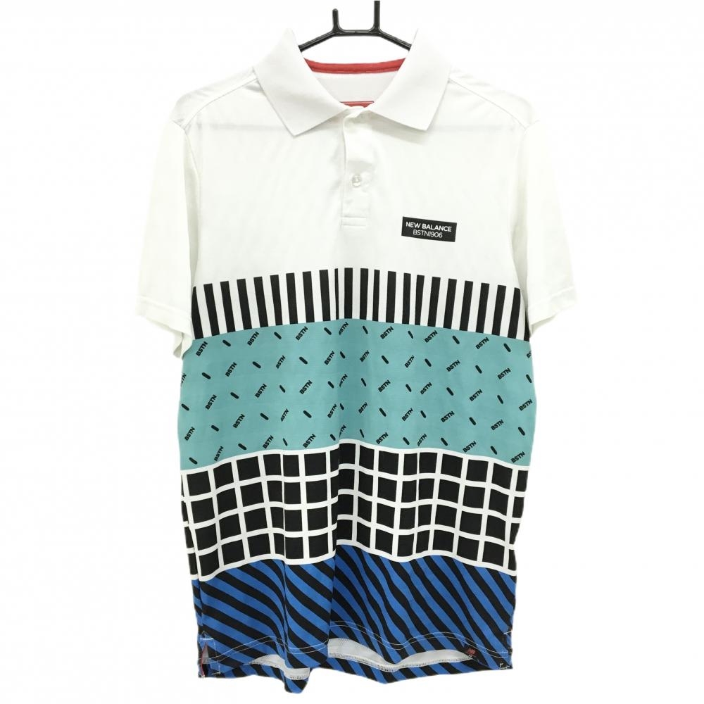 ニューバランスゴルフ 半袖ポロシャツ 白×黒 ボーダー地模様 一部総柄 メンズ 6(XL) ゴルフウェア New Balance