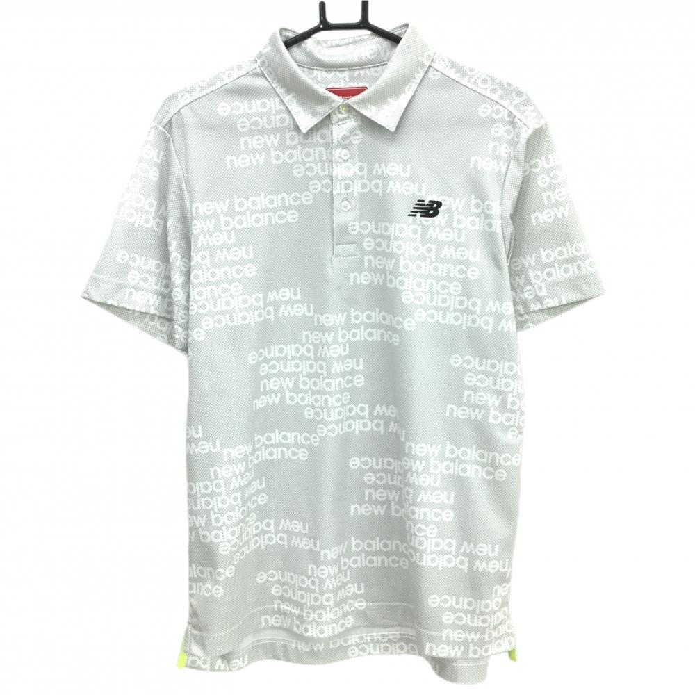 【超美品】ニューバランスゴルフ 半袖ポロシャツ グレー×白 ブロック柄・ロゴ地模様  メンズ 6(XL) ゴルフウェア New Balance
