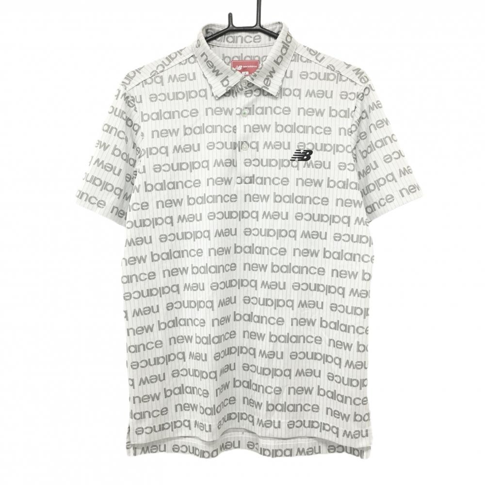 【超美品】ニューバランスゴルフ 半袖ポロシャツ 白×グレー ロゴ総柄 ピンストライプ メンズ 4(M) ゴルフウェア 2025年モデル New Balance