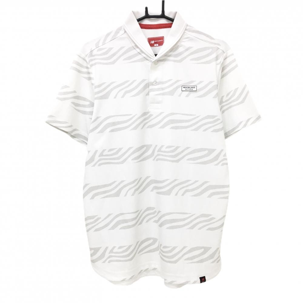 【美品】ニューバランスゴルフ 半袖ポロシャツ 白×グレー ボーダー調総柄 胸元ロゴ  メンズ 6(XL) ゴルフウェア New Balance