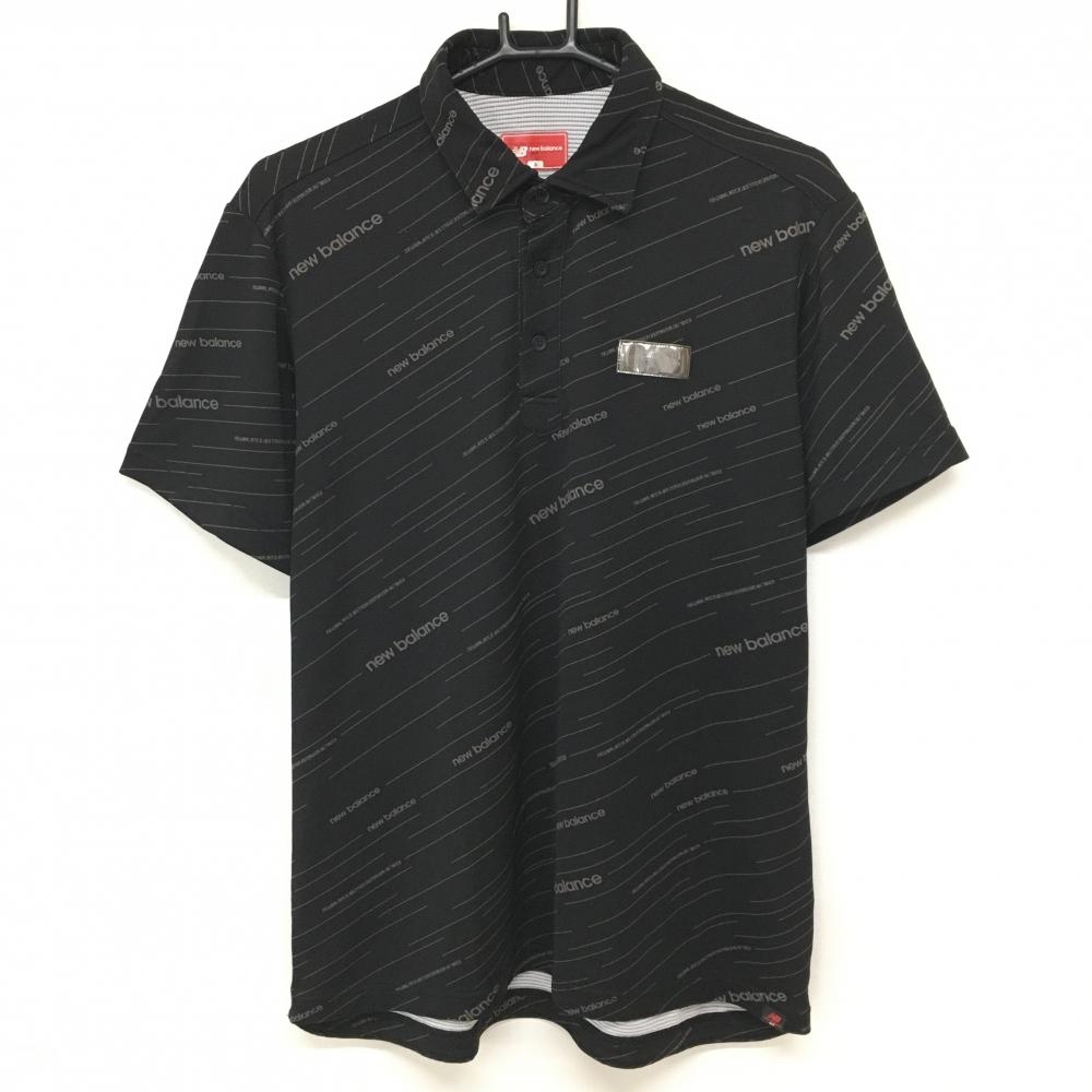 【美品】ニューバランスゴルフ 半袖ポロシャツ 黒×グレー ロゴ総柄 斜めライン メンズ 6(XL) ゴルフウェア New Balance