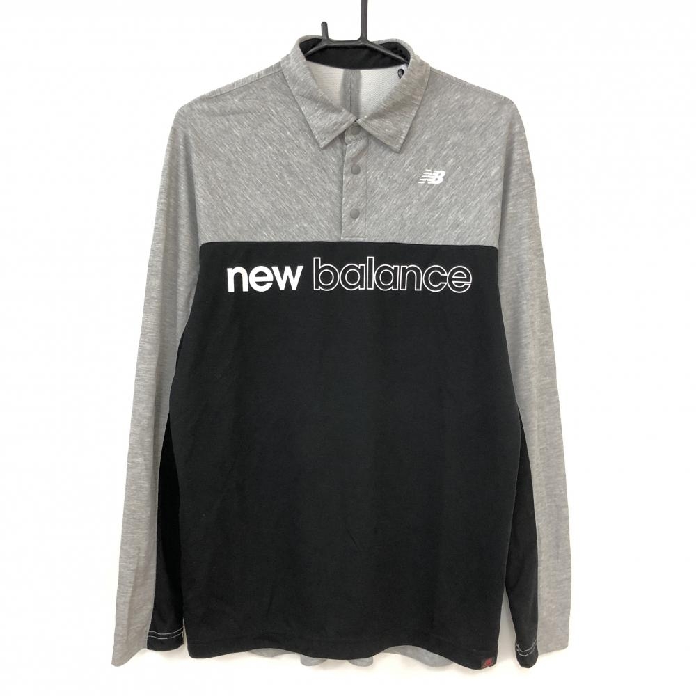 【美品】New Balance ニューバランス 長袖ポロシャツ 杢グレー×黒 ロゴプリント メンズ 6 ゴルフウェア