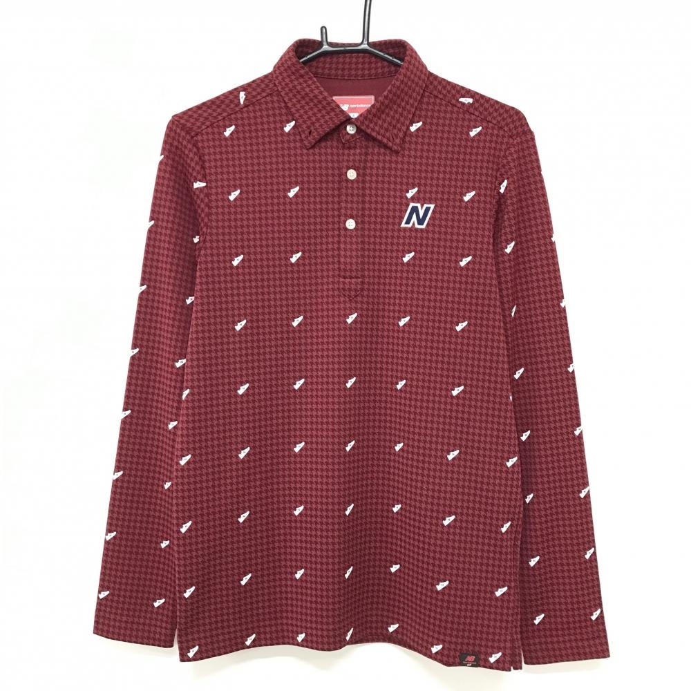 【美品】ニューバランスゴルフ 長袖ポロシャツ ボルドー×ダークブラウン 千鳥柄 スニーカー メンズ 4(M) ゴルフウェア New Balance