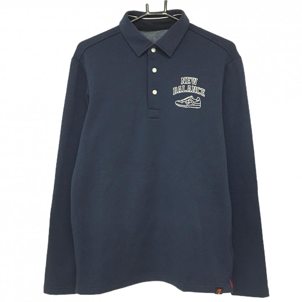 【美品】ニューバランスゴルフ 長袖ポロシャツ ネイビー ロゴ白 裏起毛 メンズ 5(L) ゴルフウェア New Balance
