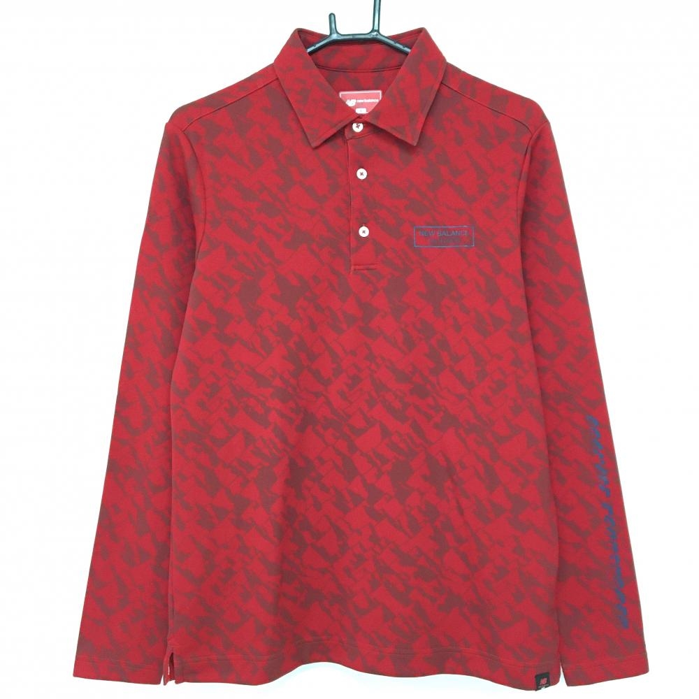 【超美品】ニューバランスゴルフ 長袖ポロシャツ レッド 総柄 裏微起毛  メンズ 5(L) ゴルフウェア New Balance