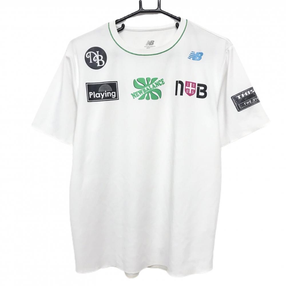 【美品】ニューバランス Tシャツ 白×黒×グリーン フロントロゴ  メンズ L ゴルフウェア New Balance
