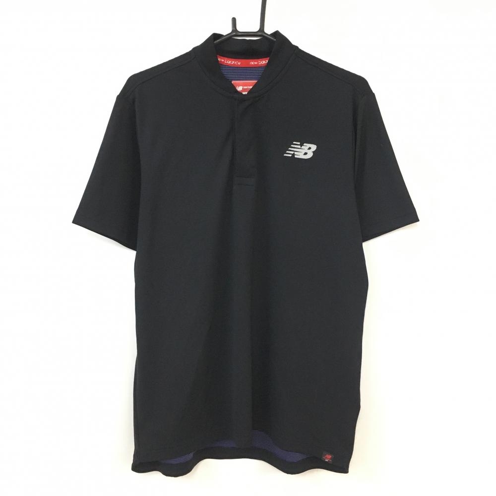 【美品】New Balance ニューバランスゴルフ 半袖ハイネックシャツ 黒 織生地 スナップボタン メンズ 6(XL) ゴルフウェア