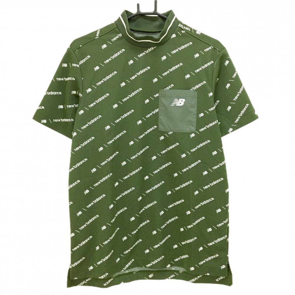 【超美品】ニューバランスゴルフ 半袖ハイネックシャツ カーキ×白 ロゴ総柄 メンズ 5(L) ゴルフウェア 2024年モデル  New Balance