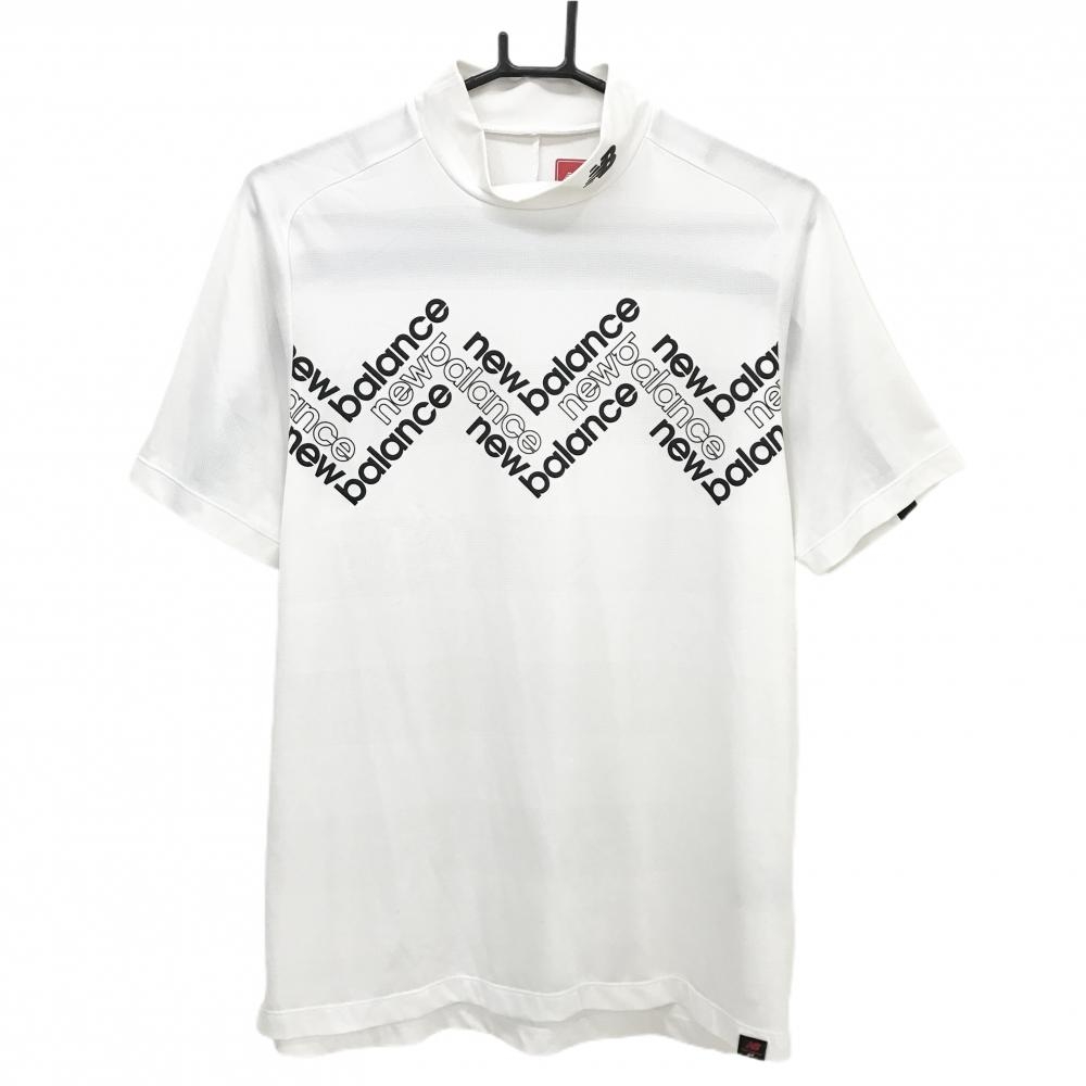 【美品】ニューバランスゴルフ 半袖ハイネックシャツ 白×黒 ロゴプリント 背面ライン  メンズ 4(M) ゴルフウェア New Balance