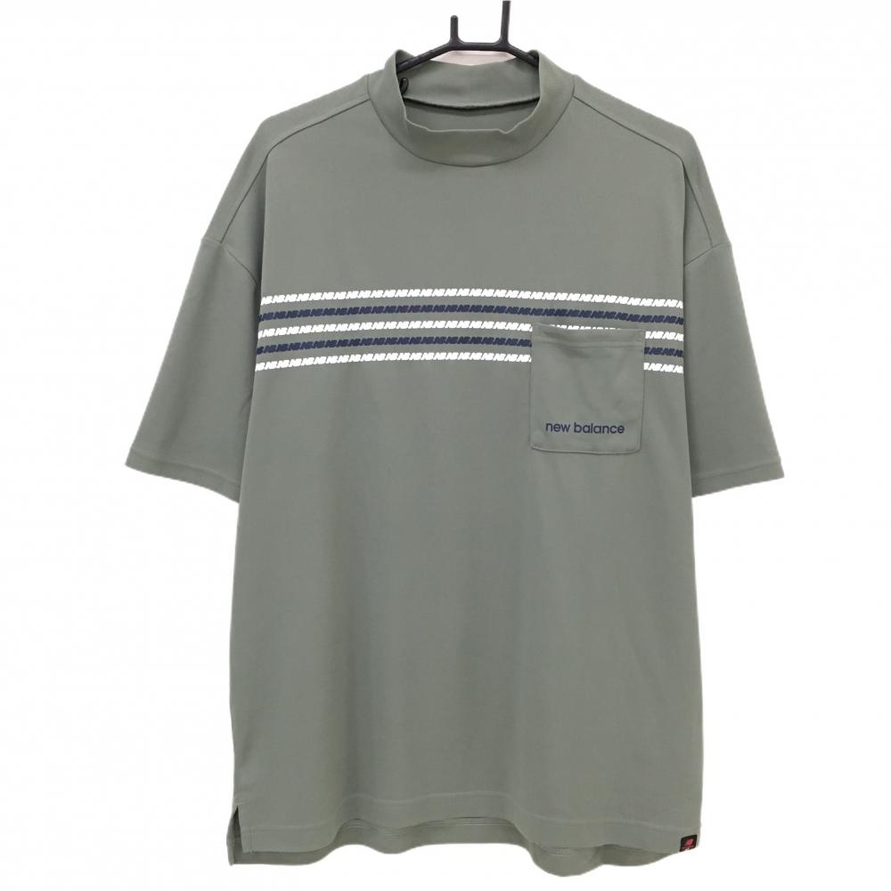 【超美品】ニューバランスゴルフ 半袖ハイネックシャツ カーキ 胸ポケット ロゴライン メンズ 7(2XL) ゴルフウェア New Balance