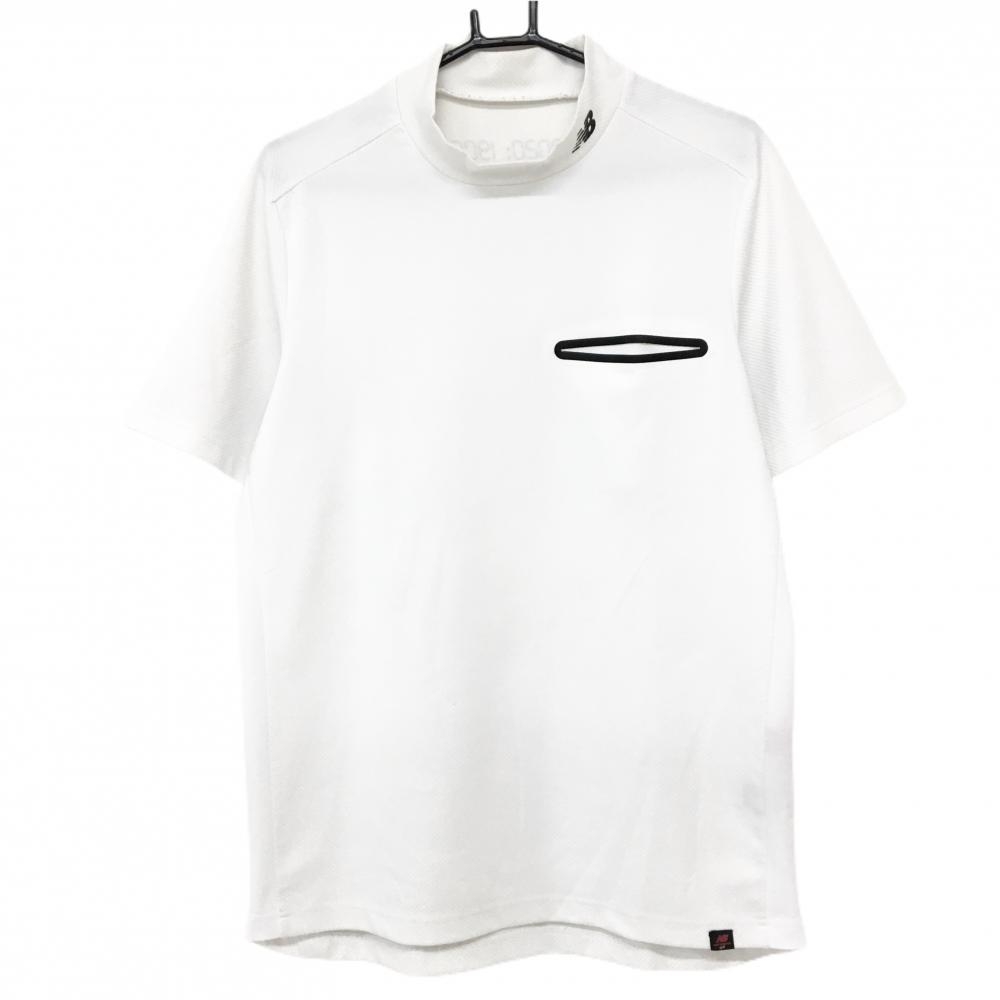 【美品】ニューバランスゴルフ 半袖ハイネックシャツ 白 胸ポケット ネックロゴ メンズ 6(XL) ゴルフウェア New Balance