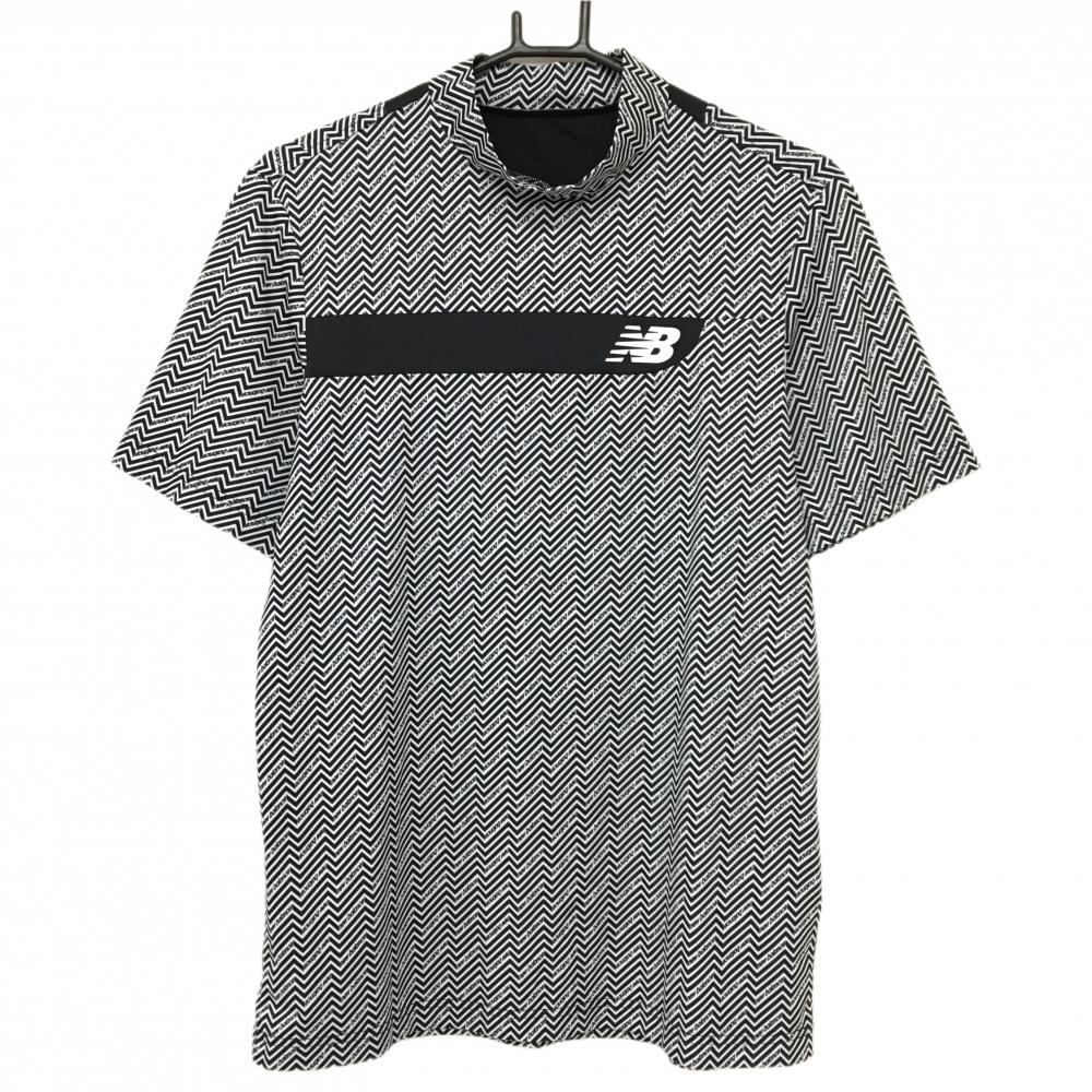 【超美品】ニューバランスゴルフ 半袖ハイネックシャツ 白×黒 ギザギザ柄風 ロゴ メンズ 5(L) ゴルフウェア New Balance