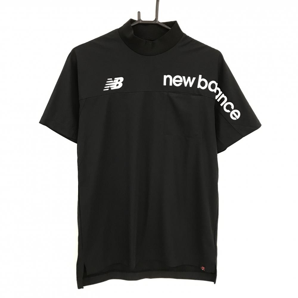 【超美品】ニューバランス 半袖ハイネックシャツ 黒×白 ロゴプリント 胸ポケット メンズ 4(M) ゴルフウェア New Balance