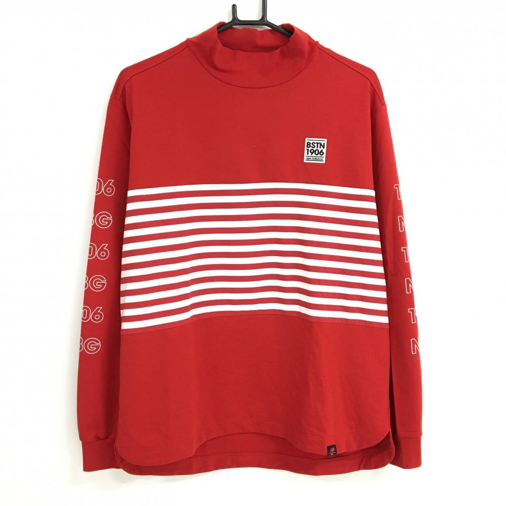 【超美品】ニューバランスゴルフ 長袖ハイネックシャツ レッド×白 一部ボーダー 袖ロゴプリント  メンズ 6(XL) ゴルフウェア New Balance