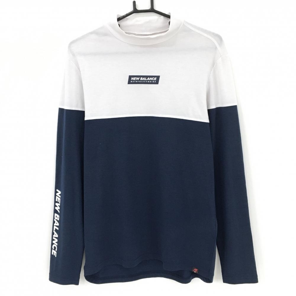 【美品】ニューバランス 長袖ハイネックシャツ ネイビー×ライトグレー バイカラー ストレッチ  メンズ 5(L) ゴルフウェア New Balance