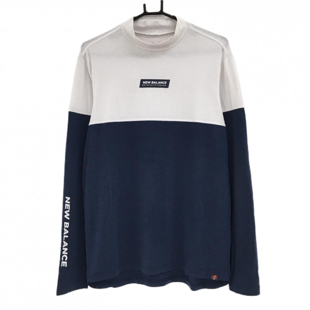 【美品】ニューバランスゴルフ 長袖ハイネックシャツ グレージュ×杢ネイビー フロントロゴ  メンズ 6(XL) ゴルフウェア New Balance