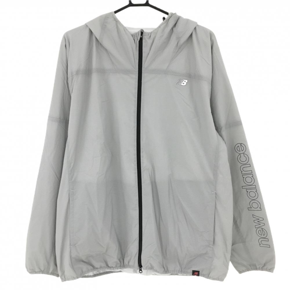 【超美品】ニューバランスゴルフ 中綿ジャケット グレー ボーダー 薄手 フード付 メンズ 6(XL) ゴルフウェア New Balance