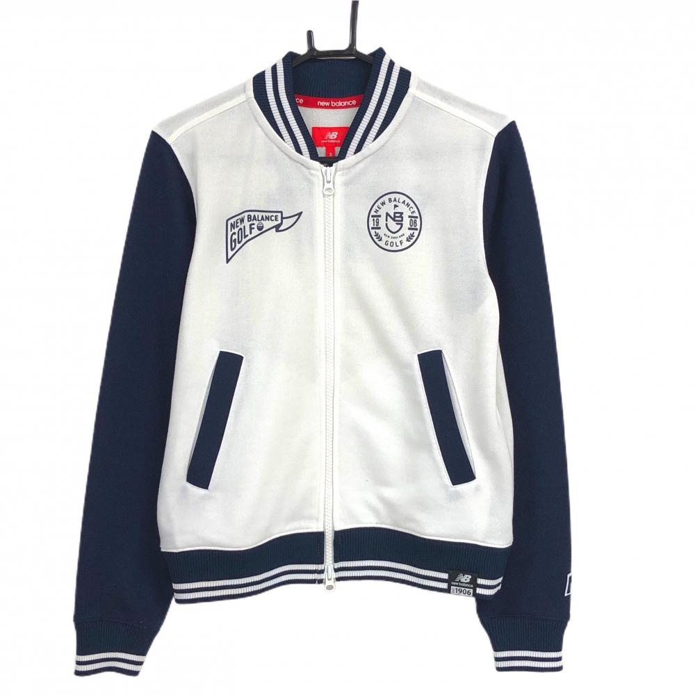 ニューバランスゴルフ ジャケットブルゾン 白×ネイビー バックパイルロゴ リブライン メンズ 2(L) ゴルフウェア New Balance
