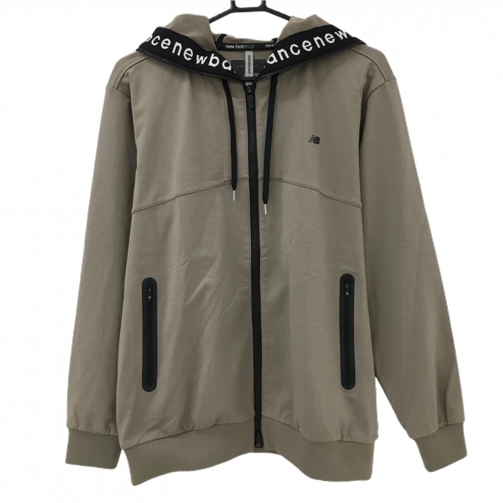 【超美品】ニューバランスゴルフ ジップパーカー ライトブラウン×黒 ダブルジップ フード内側ロゴ メンズ 5(L) ゴルフウェア New Balance
