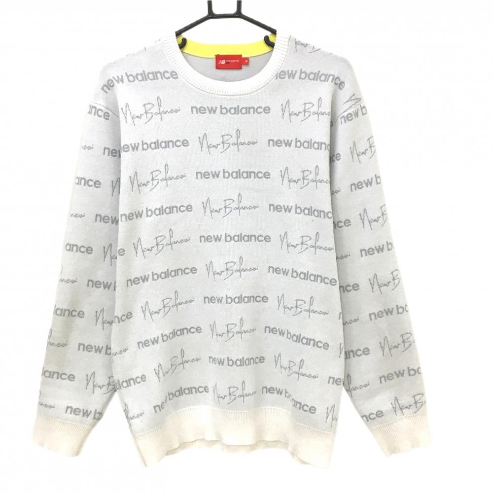 【美品】ニューバランスゴルフ セーター 白×グレー ロゴ総柄 メンズ 5(L) ゴルフウェア 2025年モデル New Balance