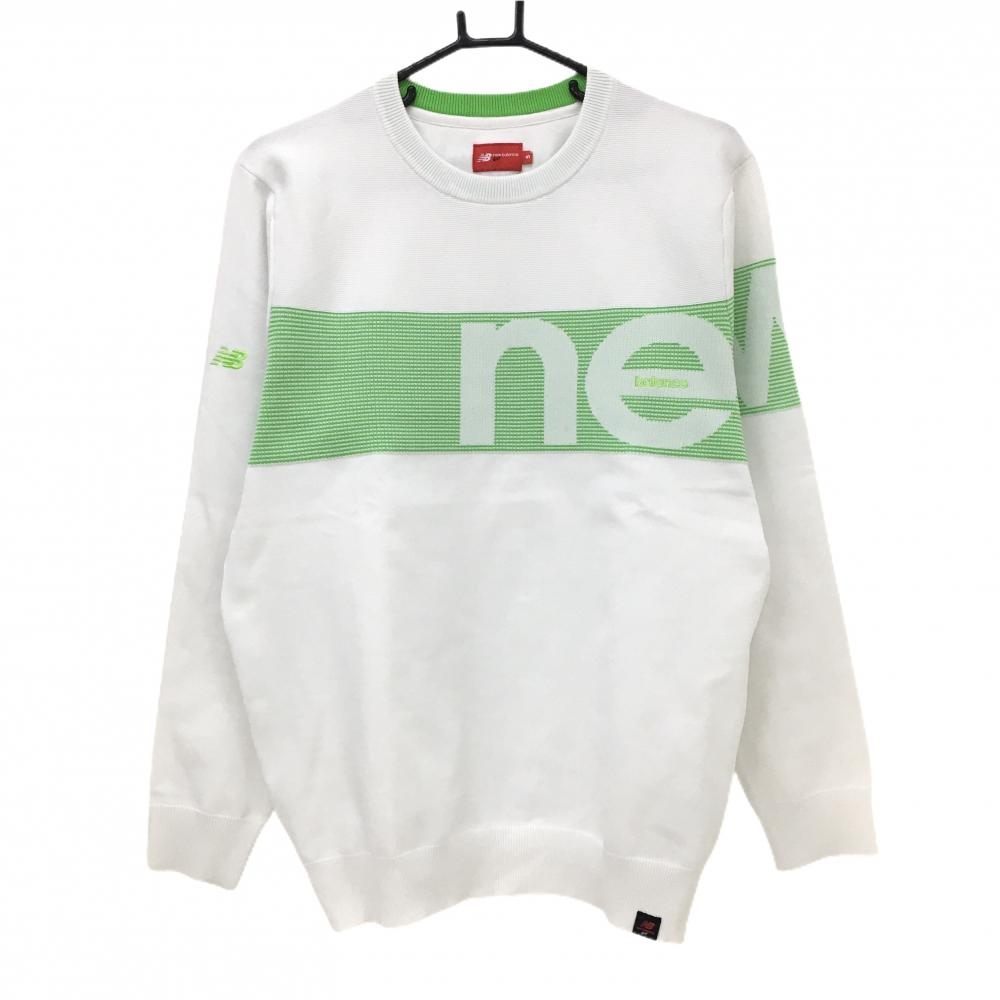 ニューバランスゴルフ セーター 白×ライトグリーン 一部ボーダー ロゴ刺しゅう ニット メンズ 5(L) ゴルフウェア New Balance