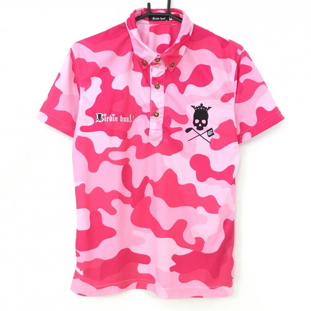 バーディーハント 半袖ポロシャツ ピンク 迷彩 カモフラ ボタンダウン スカル メンズ M ゴルフウェア Birdie hunt