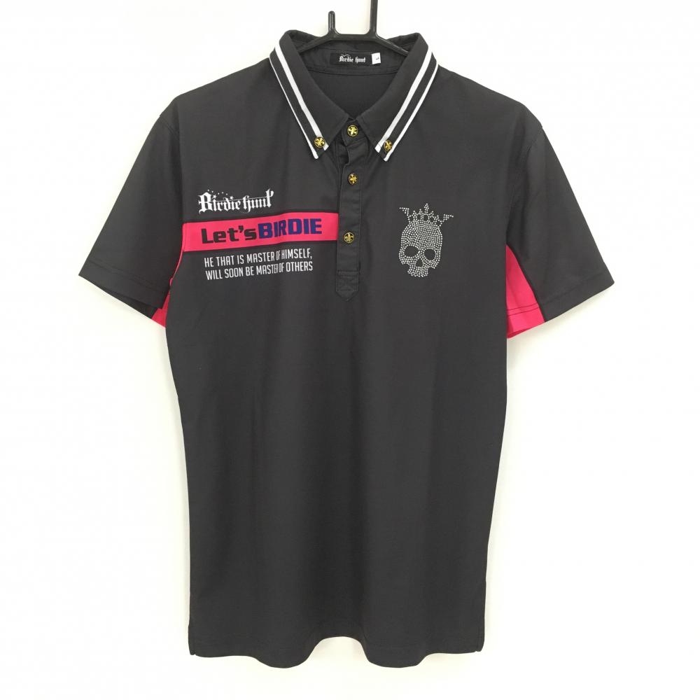 バーディーハント 半袖ポロシャツ 黒×ピンク ラインストーンスカル 襟ライン ボタンダウン  メンズ L ゴルフウェア Birdie hunt