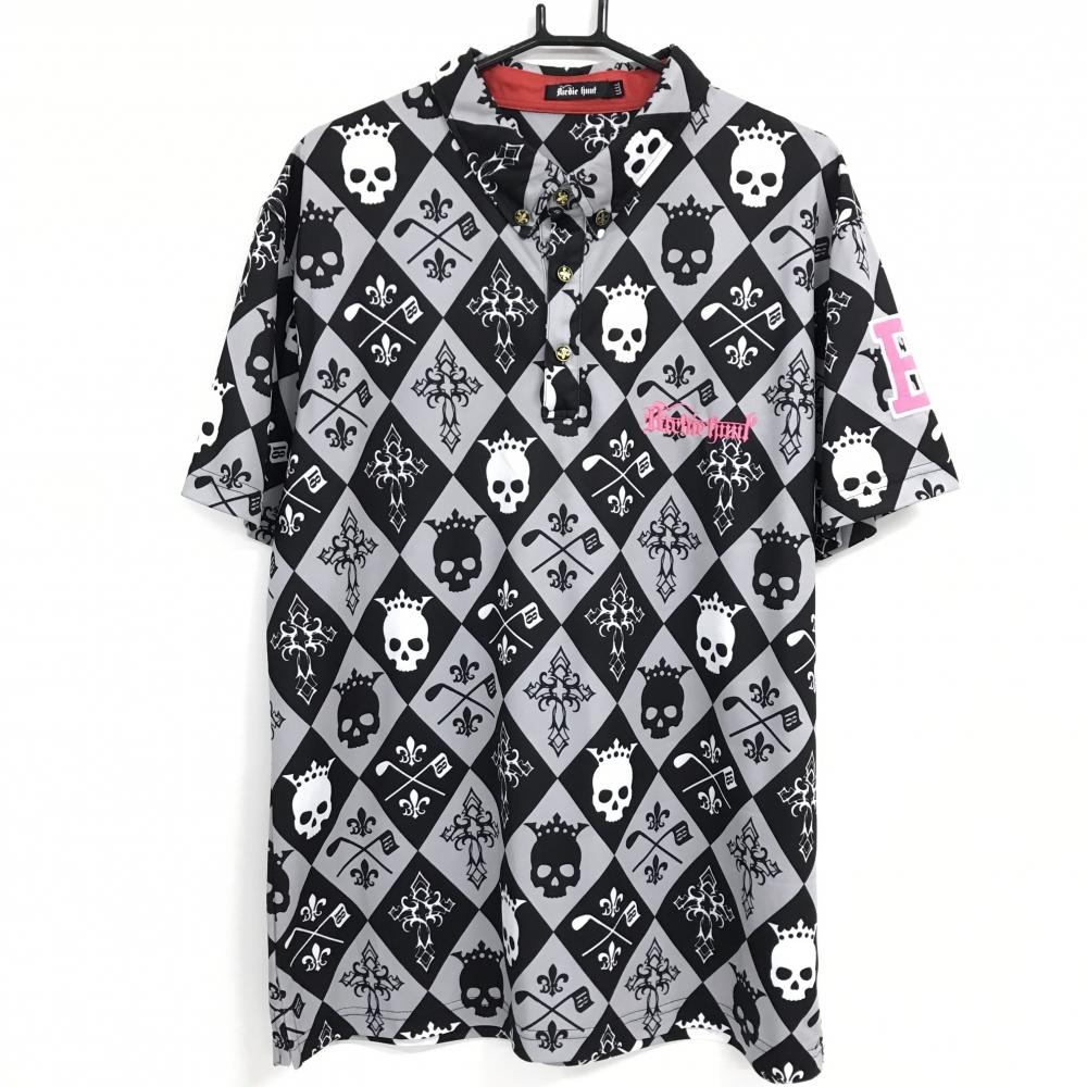 バーディーハント 半袖ポロシャツ グレー×黒 総柄 ダイヤ調 スカル ロゴピンク  メンズ LLLL ゴルフウェア 大きいサイズ Birdie hunt