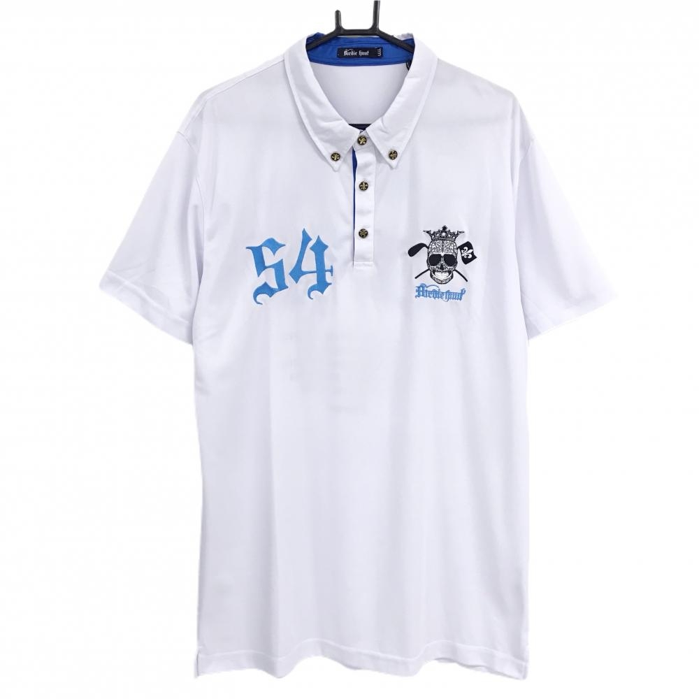 【超美品】バーディーハント 半袖ポロシャツ 白×ブルー スカル刺しゅう  メンズ LLLL ゴルフウェア 大きいサイズ Birdie hunt