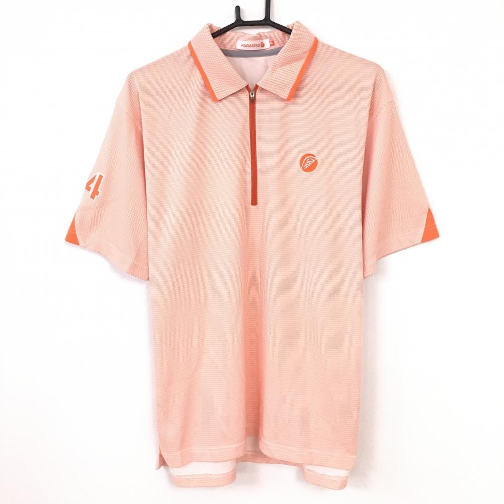 【美品】Paradiso パラディーゾ 半袖ポロシャツ オレンジ ボーダー柄 総柄 ハーフジップ メンズ LL ゴルフウェア