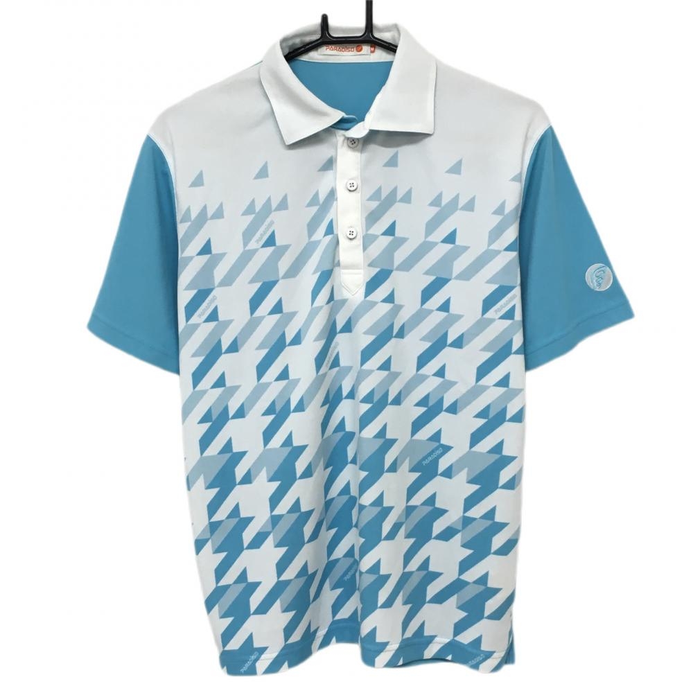 パラディーゾ 半袖ポロシャツ 白×ライトブルー 前総柄 メンズ M ゴルフウェア Paradiso
