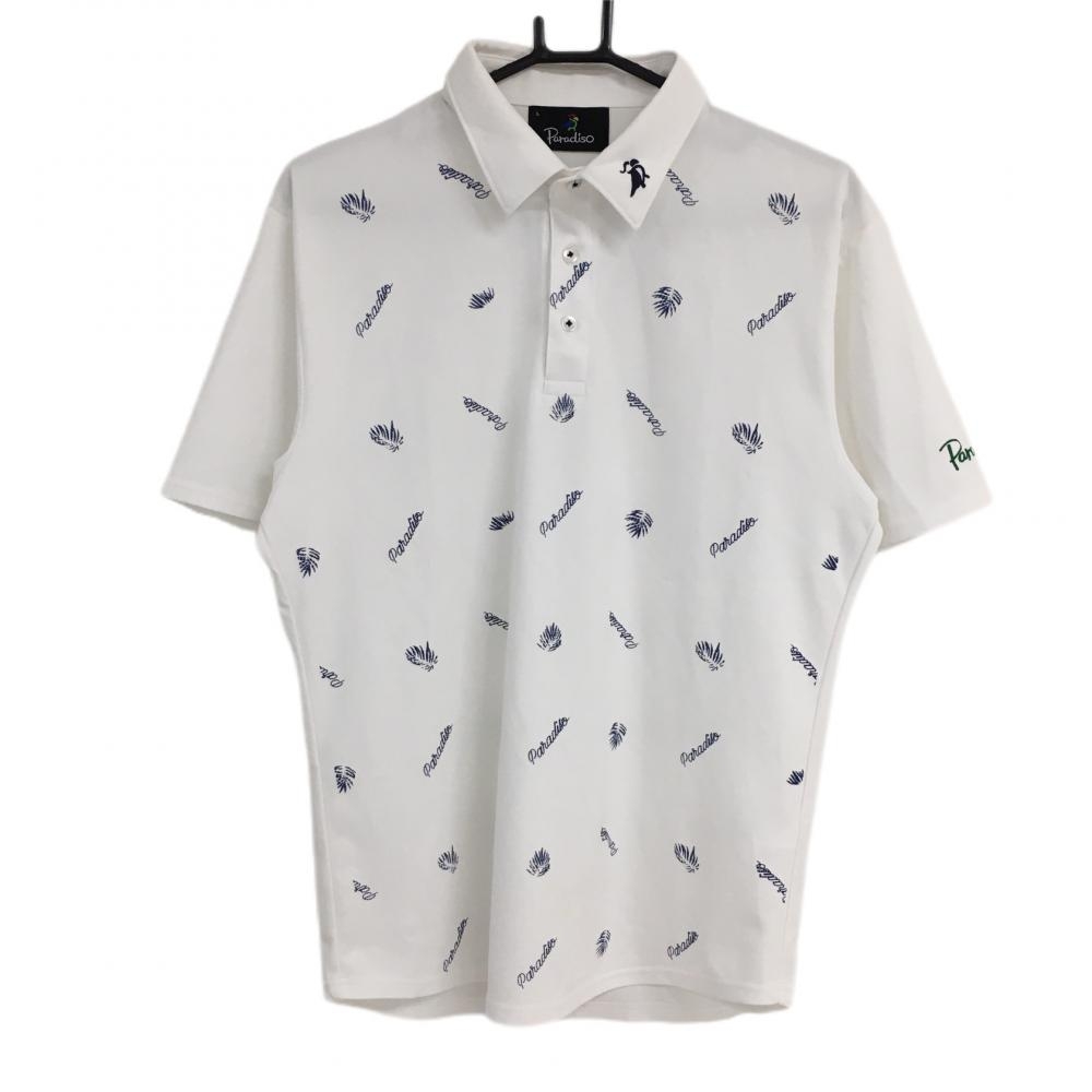 パラディーゾ 半袖ポロシャツ 白×ネイビー 総柄 ロゴ刺しゅう メンズ L ゴルフウェア Paradiso