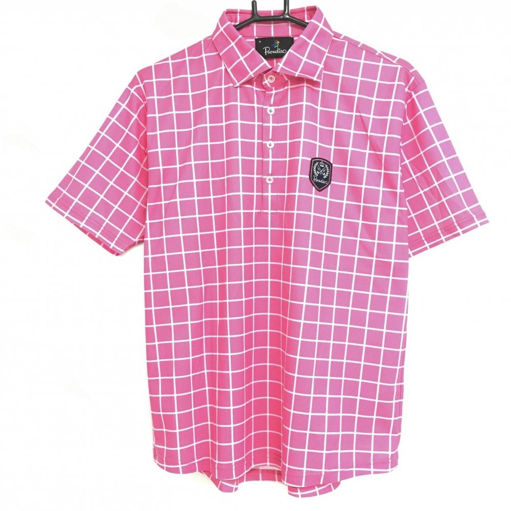 【美品】パラディーゾ 半袖ポロシャツ ピンク×白 格子柄 ロゴワッペン  メンズ M ゴルフウェア Paradiso
