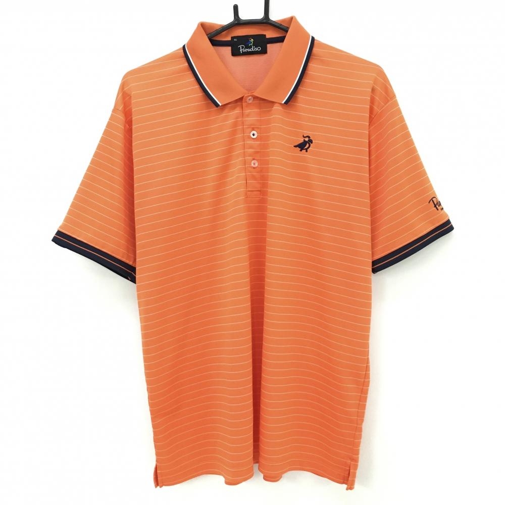 【美品】パラディーゾ 半袖ポロシャツ オレンジ×白 ボーダー ロゴ刺しゅう メンズ LL ゴルフウェア Paradiso