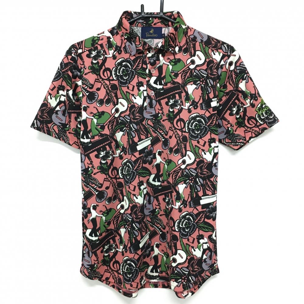【超美品】パラディーゾ 半袖ポロシャツ ピンク系×黒 花柄 楽器柄 メンズ M ゴルフウェア Paradiso