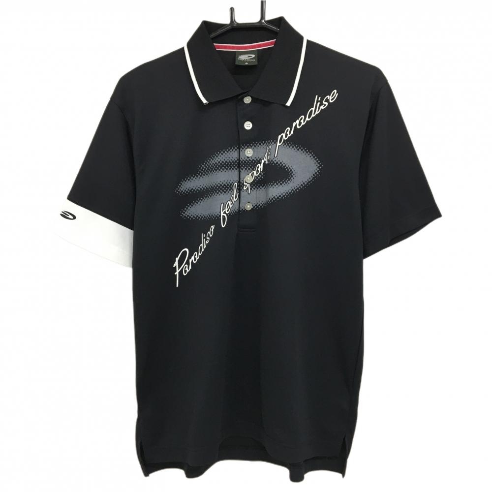【超美品】パラディーゾ 半袖ポロシャツ 黒×白 フロントプリント 袖ロゴ刺しゅう メンズ M ゴルフウェア Paradiso